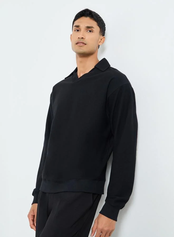Styli Men Black Cotton Terry Sweatshirt